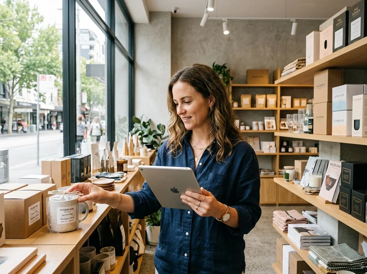 Australian trade buyer inspecting curated wholesale goods in a modern Melbourne boutique store