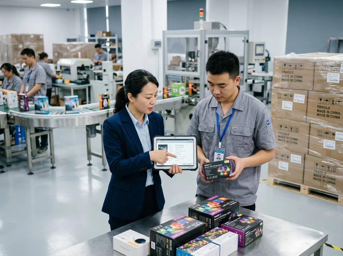 Operations director and engineer inspecting export products in a modern manufacturing facility