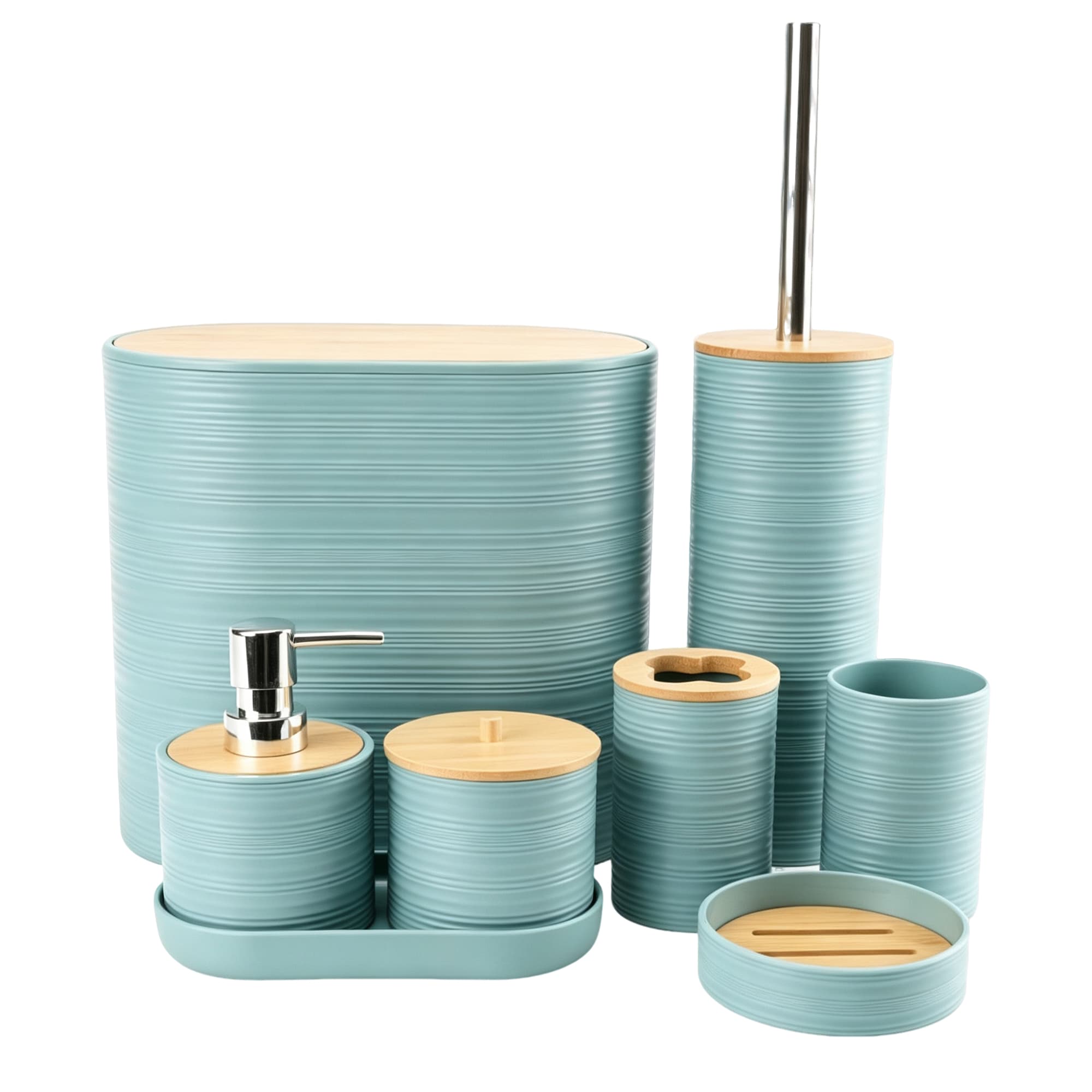 Horizontal-Ribbed 8-Piece Bathroom Set with Bamboo Lid-Morandi-Blue, Item No.183949