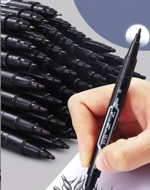 Twin-tip marker pen for art, black, oil-based, quick-dry, waterproof, smudge-proof, dual-end