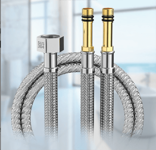 Stainless steel braided tap inlet hose, extended, pointed end, for basin and washbasin fittings, hot and cold water