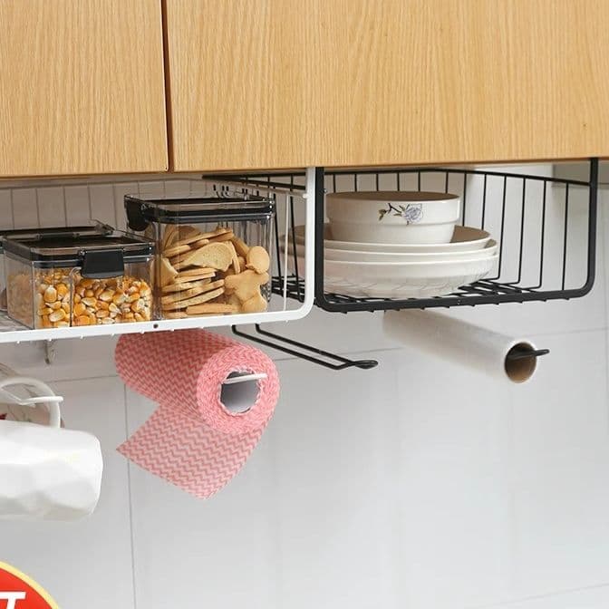 Kitchen storage racks, overhead cabinet under-shelf hooks, wardrobe hooks and hanging baskets, and assorted door-mounted organisers