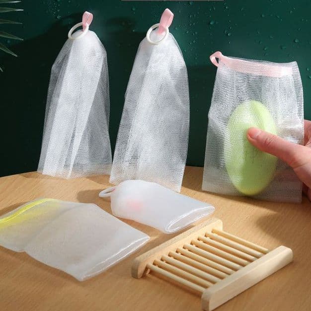 Foaming net for facial cleanser, handmade soap, thick mesh bag with storage, shower and bath soap net bag