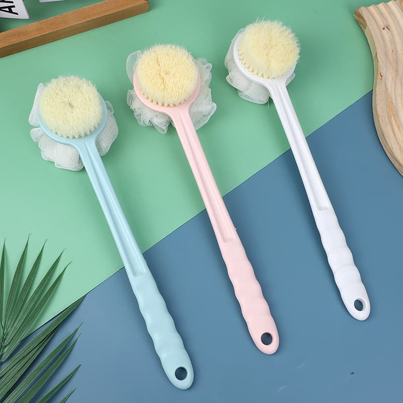 Long-handled dual-sided bath brush with soft bristles
