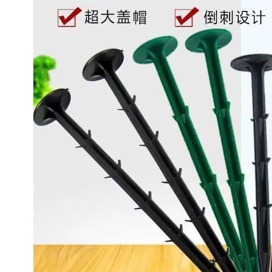 Plastic ground stakes for tree branching, greenhouse shade netting, orchard and horticultural use, barbed, black mulch film and weed control fabric pins