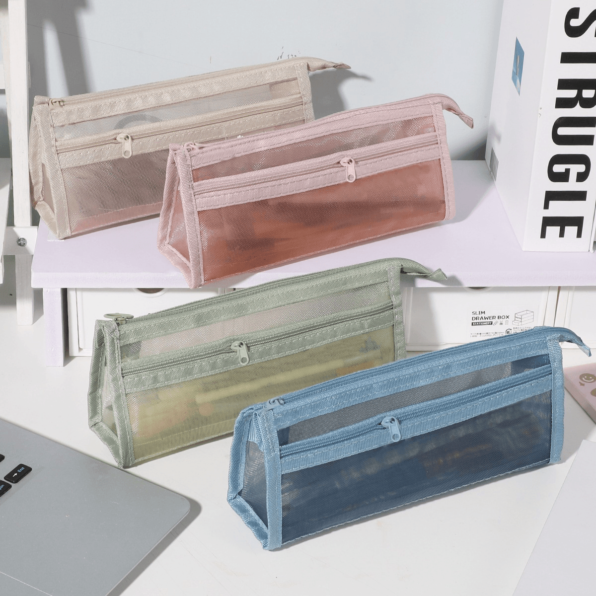 Morandi pencil case, ins-style, simple transparent mesh, double-layer, large capacity, student exam, zip, stationery storage bag