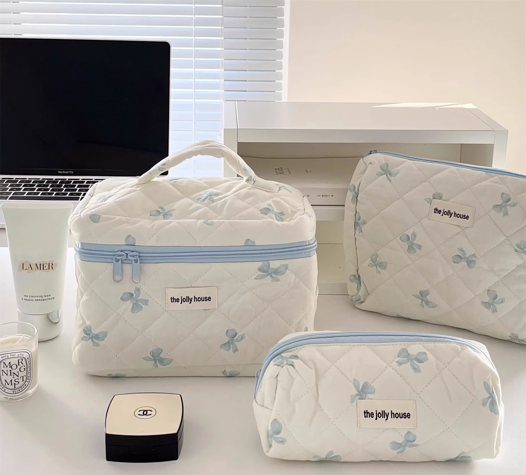Original milk blue bow makeup bag portable travel large capacity cosmetic storage bag with zip