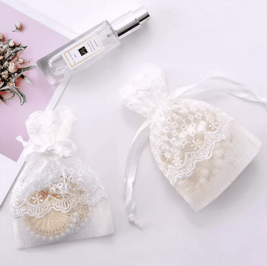 New drawstring pouch, white star lace trim, mesh storage bag