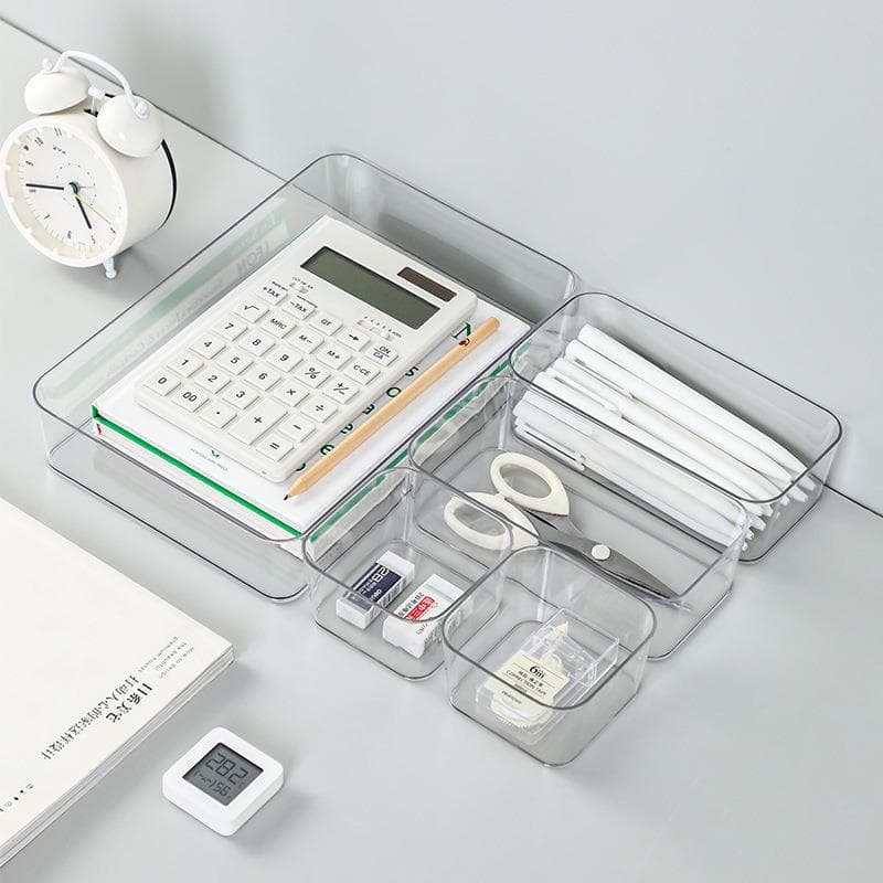 Desktop drawer divider storage box, narrow strip, for stationery, cosmetics and small items, plastic, transparent, compartmentalised