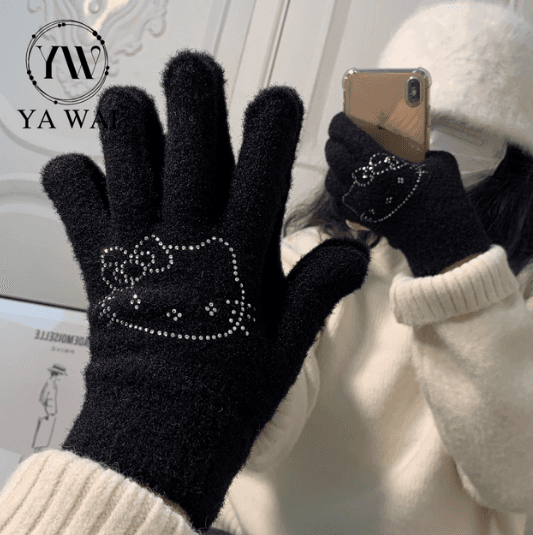 Cute Cat Embellished Knit Gloves for Women - Winter Warm Knitted Gloves with Rhinestones