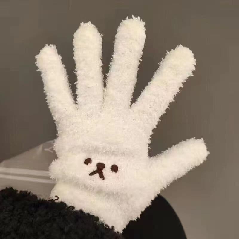 Coral fleece bear embroidery gloves, thick winter warm cartoon cold-proof outdoor cycling student adult ins style