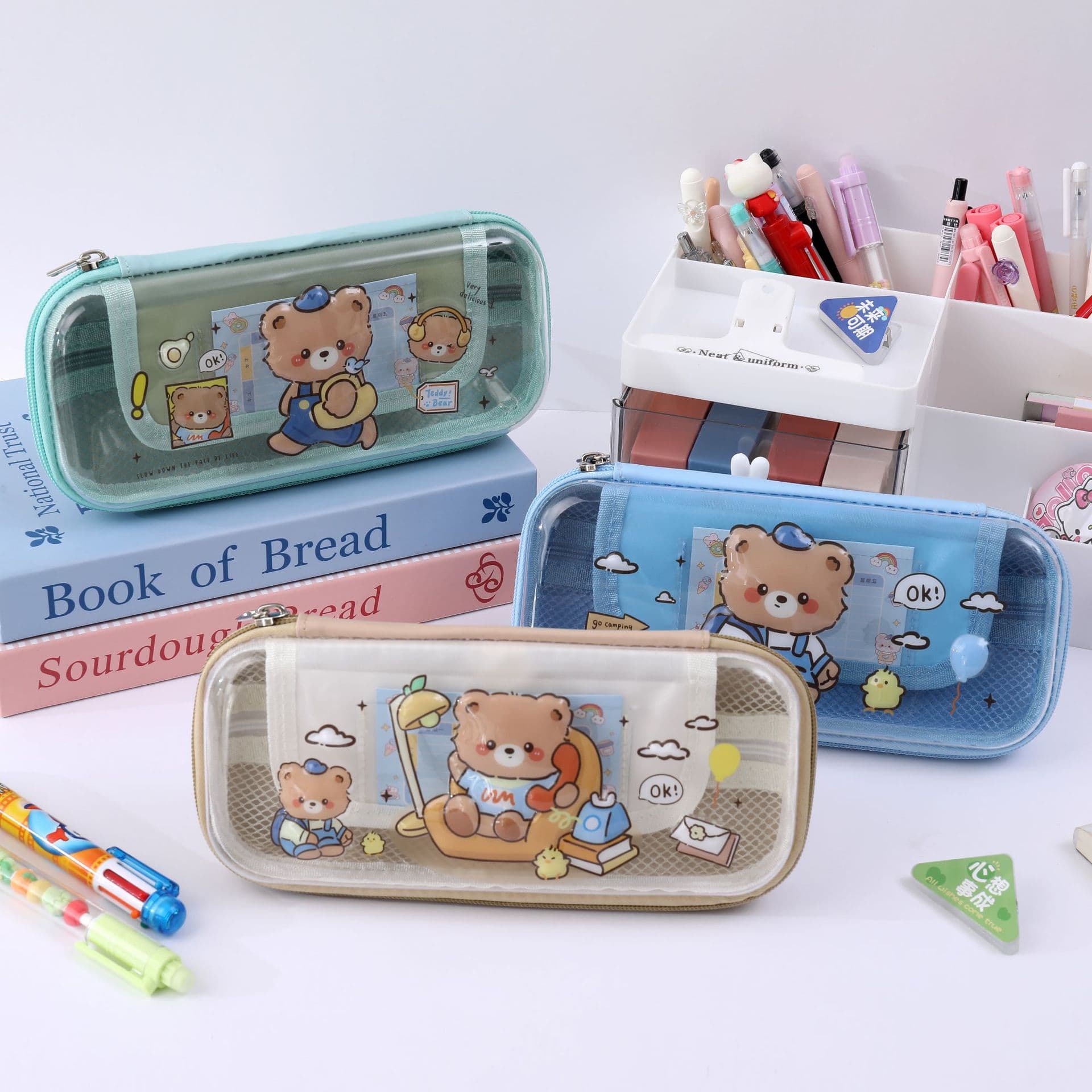 New student pencil case, transparent, cute bear, colourful, multi-purpose storage
