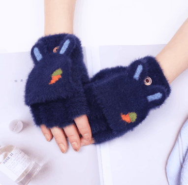 Women's Winter Korean-style Thickened Flip Mittens with Cute Rabbit Ear and Carrot Pattern, Fleece-lined, for Students