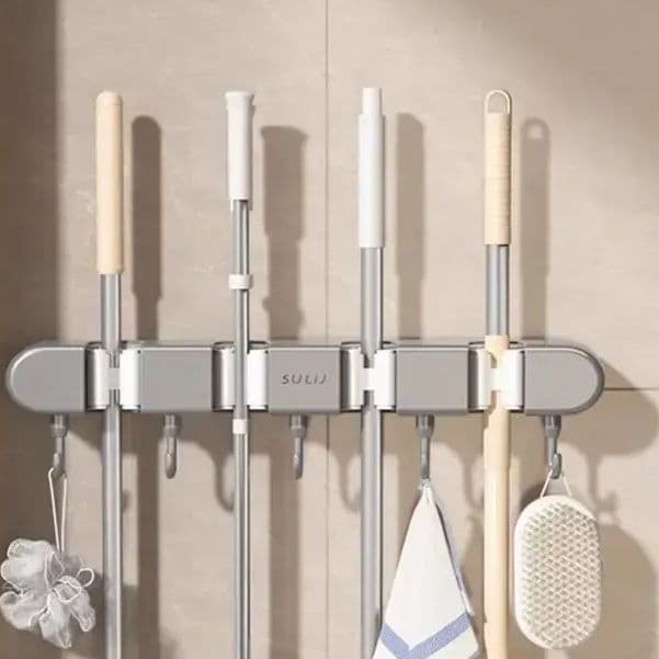 Mop Clip Wall Mounted Holder, No-Drill Adhesive Hook for Broom and Mop Organisation, Kitchen and Bathroom Storage