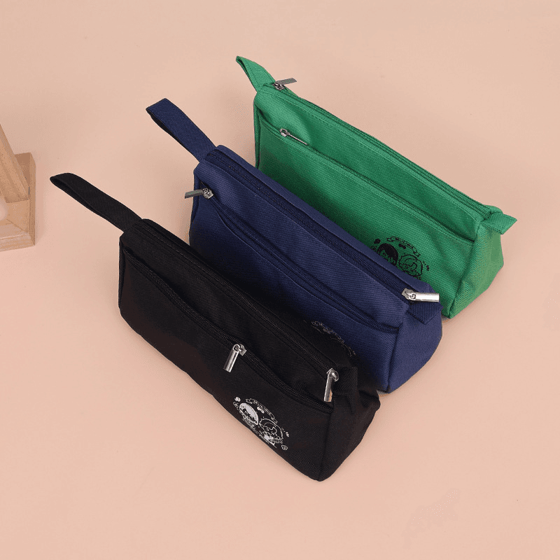 Oxford Pencil Case Double-Layer Hand-Carry Large Capacity Solid Colour Universal Student Stationery Pencil Bag