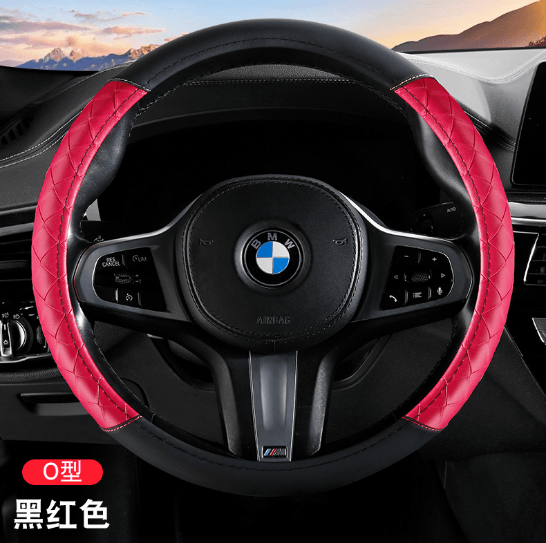 Leather steering wheel cover, round, for cars, all-season sport style protective cover