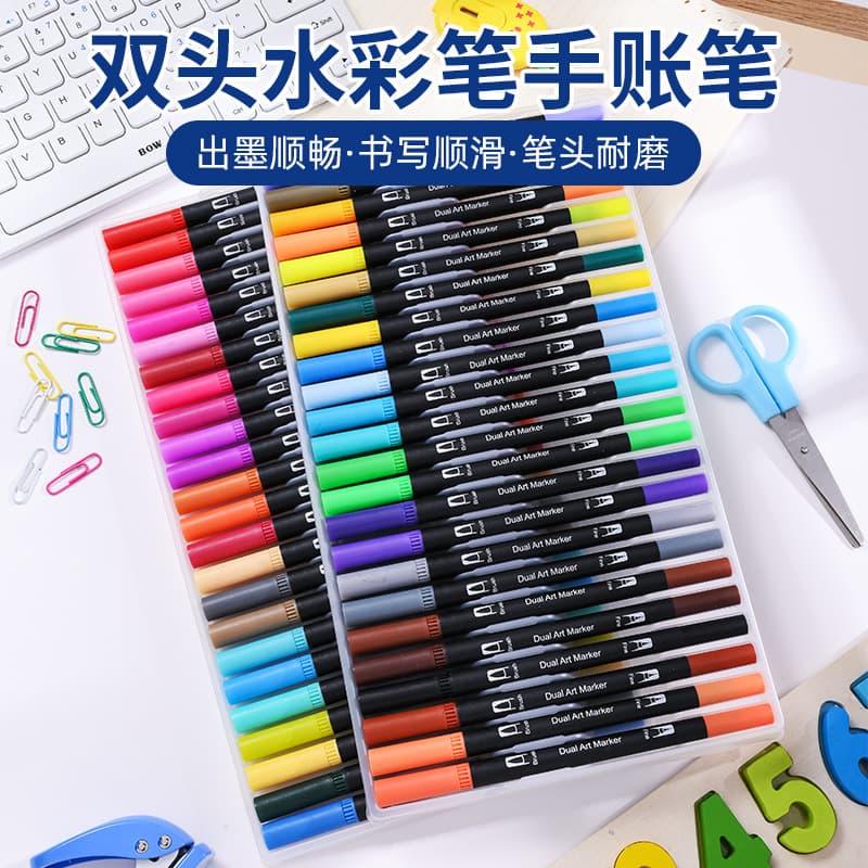 Dual-tip watercolour markers, soft tip, multiple sizes, washable for kids, art colour pens