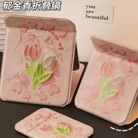 Portable Tulip Vanity Mirror, Foldable, Stand-up, Cute Desktop Dressing Mirror for Students and Office