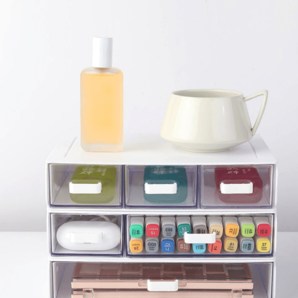 Desktop storage box transparent with compartments, drawer, student office desk stationery organiser, dustproof shelf