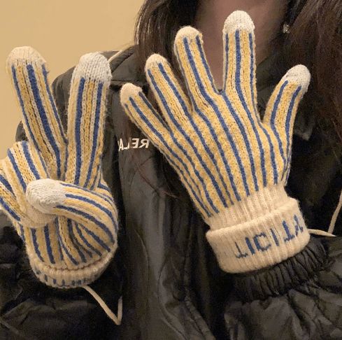 Vintage stripe knitted gloves for women, winter fleece-lined thick, touchscreen compatible, anti-cold, with neck strap
