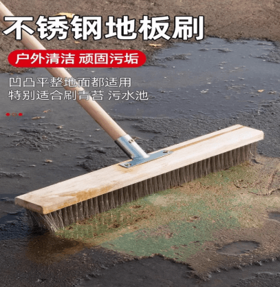 Stainless steel wire brush floor scrubber with long handle for moss removal
