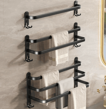 Black towel rail, bathroom wall-mounted, no drilling, single bar, bath towel storage rack, toilet storage hanger