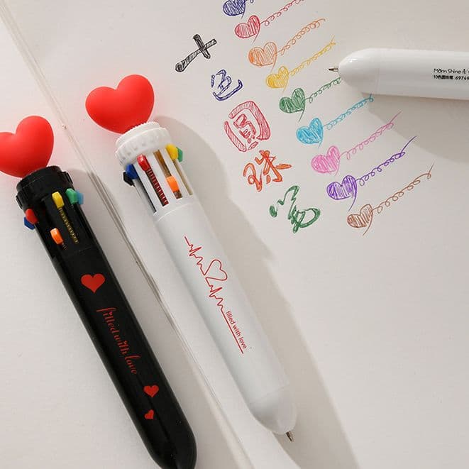 Cartoon Heart 10-Colour Retractable Ballpoint Pen, Multi-Colour, Stationery for Students