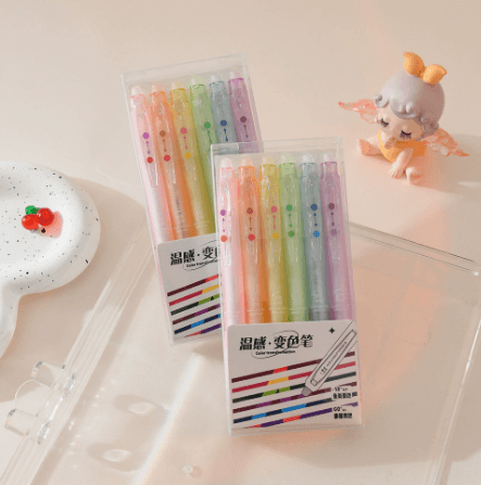 Heat-sensitive colour-changing pens, 6-pack, retractable, 0.5mm tip, colour-changing gel ink, student use