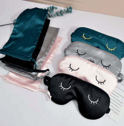 Simulated silk embroidered eye mask sleep set with drawstring pouch, light-blocking, portable for travel