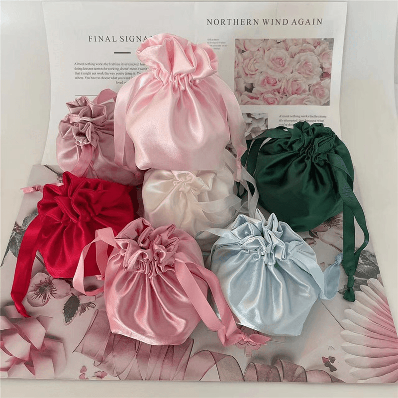 Simulated Silk Double-Layer Drawstring Pouch Bag with Satin Finish, Dual Drawstrings, Cosmetic Dustproof Storage Bag