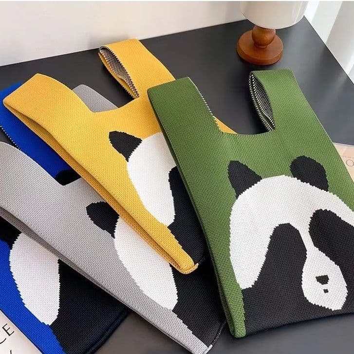 Cute Panda Handbag Women's Knitted Yarn Bucket Bag Korean-Japanese Style Casual Tote Lunch Bag