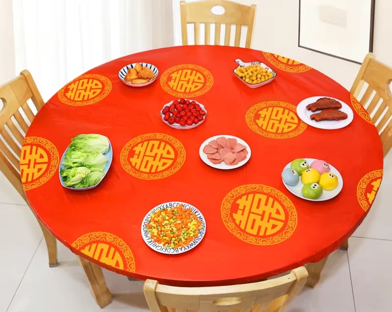 Double Happiness Disposable Thickened Drawstring Tablecloth Red Wedding Party Round Table Plastic Film Banquet