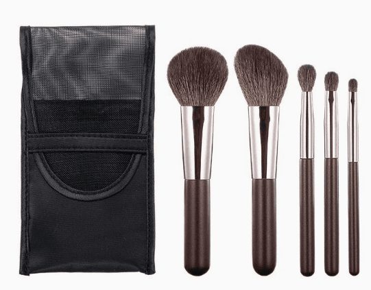 Portable 5-piece goat hair brush set, small blush brush, soft makeup tool with storage pouch