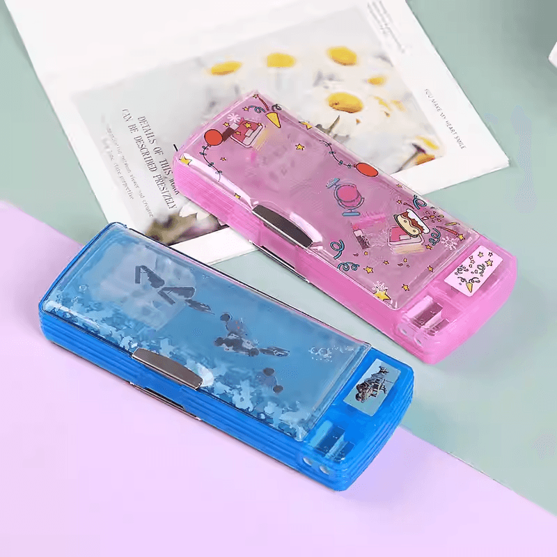 Cartoon Creative Boys Girls Kids Flowing Sand Pencil Case Double-Sided Double-Layer Multifunctional Pen Box New Pencil Bag