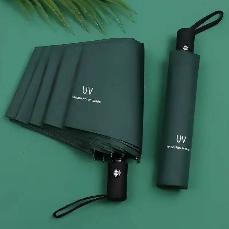 Large Automatic Three-Fold Umbrella for Sun and Rain, Business Black Coating, Windproof, for Students and Adults