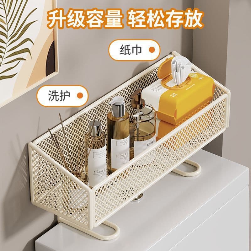 Bathroom storage shelf above toilet with tissue holder and face towel rack