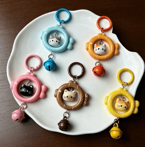Cat and Fish Keyring - Colourful 3D Bell Pendant, Gift for Friends and Couples, Bag Charm Accessory