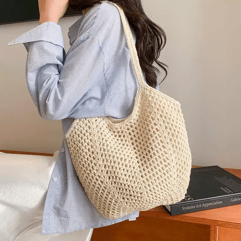 New Women's Retro Ins Handbag Shoulder Tote Mesh Hollow Out Summer Beach Swim Bag