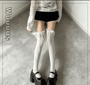 Cream Lace Trim Socks for Women, Lolita Over-Knee Socks, JK Sweet Bow Thin Thigh-High Socks