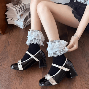 Knit Cable Lace Trim Bow Stacking Socks Lolita