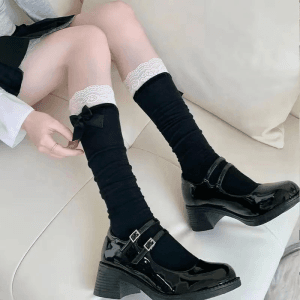 Lolita lace trim spliced calf socks for women, sweet and cute bowknot, pure cotton mid-calf socks to match leather shoes