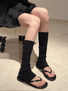 Lamei Stacking Sock Half Leg Warmers for Women, Mid-Calf, Korean Style, Open-Toe, Slip-On with Thong, Thin Sock Covers for Outer Wear