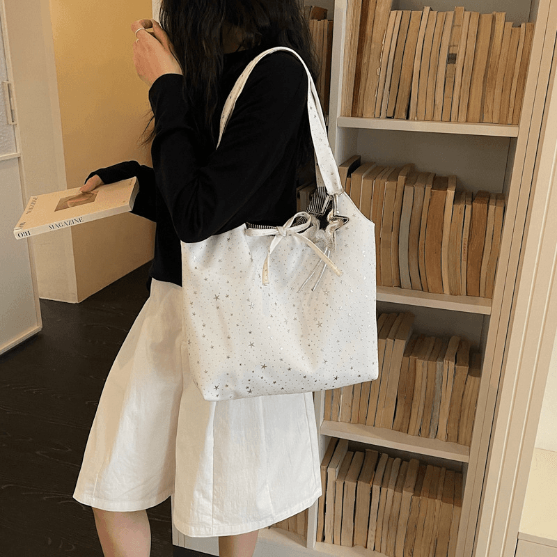 Korean style starry canvas tote bag for women, casual, large capacity, everyday versatile shoulder bag