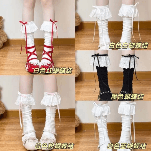 Ballet-style mid-calf socks for women, summer lightweight lace trim bow stack socks, Korean style sweet elements
