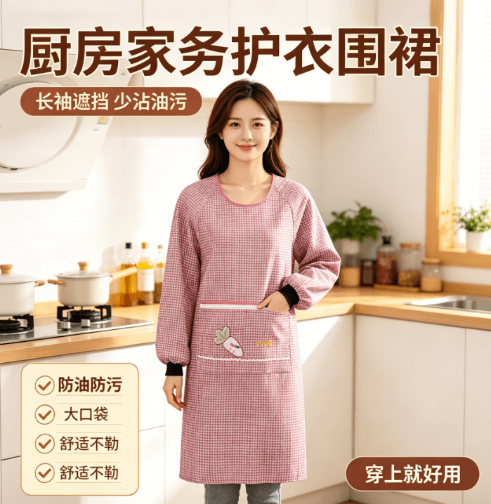 Long-sleeved Reversible Work Apron with 3D Embroidery, Plaid Print, Dust-Proof Kitchen Cooking Apron