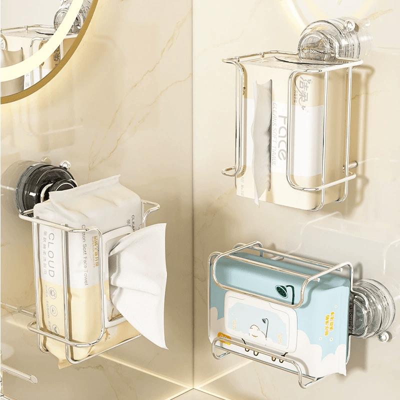 Suction Cup Toilet Paper Holder Bathroom Wall-Mounted No-Drill Roll Paper Box Light Luxury Stainless Steel Tissue Box