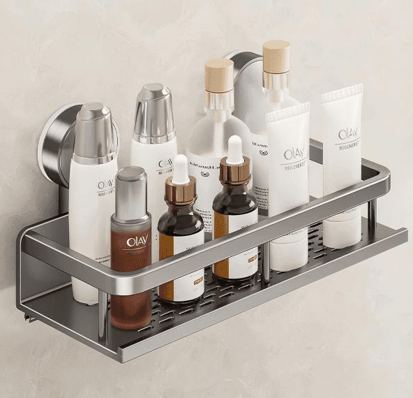 Suction Cup Bathroom Shelf, No-Drill Wall-Mounted, Space Aluminium, Toilet Storage
