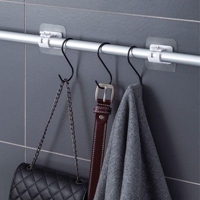 Curtain rod hook clip with adhesive mounting bracket, no-drill, for tension rods