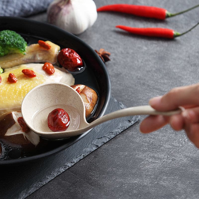 Long-handled wheat fibre rice spoon and soup spoon, durable and heat-resistant, available in large and small sizes, for ramen, soup, porridge, non-stick rice cooker spoon