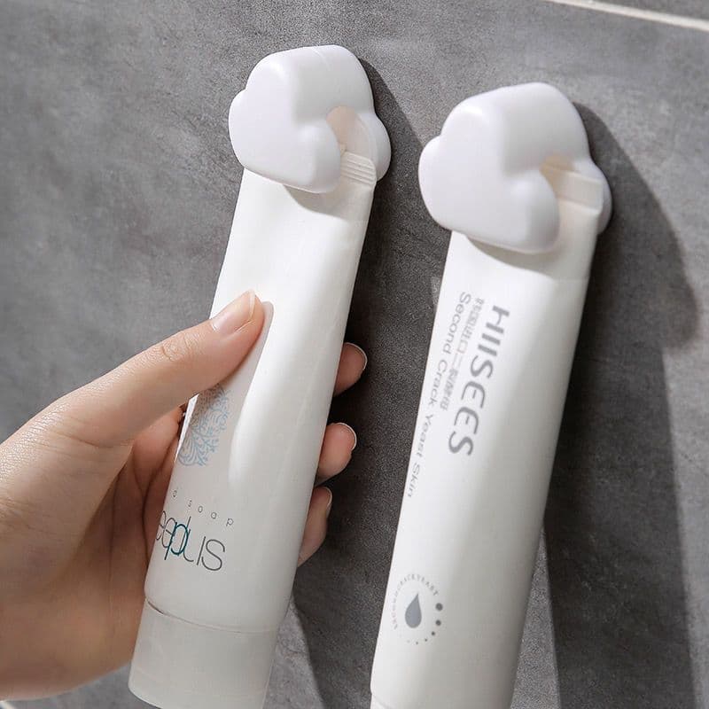 Wall-mounted toothpaste dispenser and face wash holder, no-drill, with hook for bathroom storage